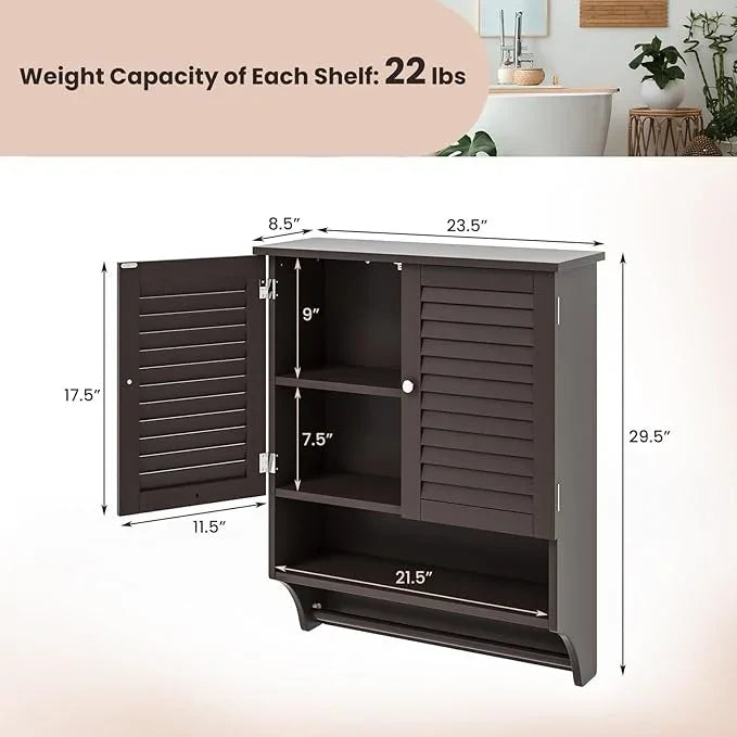 Tangkula Wall Mounted Bathroom Cabinet w/Open Shelf & Bar, Medicine Cabinet w/Double Louvered Doors, Adjustable Shelf, Wall Storage Cabinet for Bathroom Living Room Kitchen (Espresso) - ModernBath