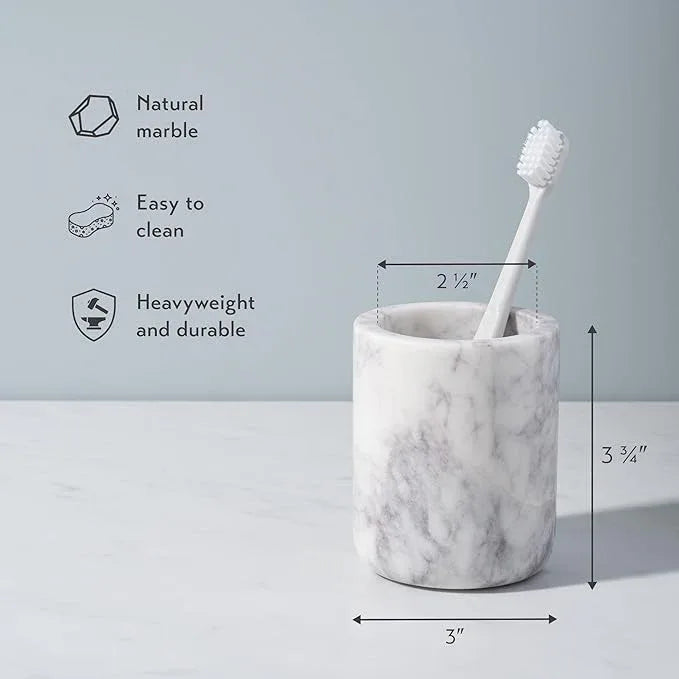 Cork & Mill Marble Toothbrush Holder Cup for Bathroom, Real White Marble Stone Bathroom Accessory, Aesthetic Decorative Countertop Organizer for Tooth Brush & Toothpaste - ModernBath