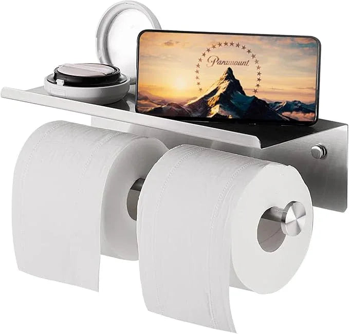 YUMORE Toilet Paper Holder, 304 Stainless Steel Bathroom Double Roll Tissue Holder with Shelf, Wall Mounted Washroom Dual TP Dispenser Storage, Flushable Wipes Dispenser, Brushed Nickel Finish - ModernBath
