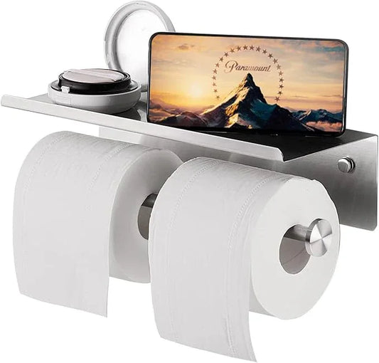 YUMORE Toilet Paper Holder, 304 Stainless Steel Bathroom Double Roll Tissue Holder with Shelf, Wall Mounted Washroom Dual TP Dispenser Storage, Flushable Wipes Dispenser, Brushed Nickel Finish - ModernBath
