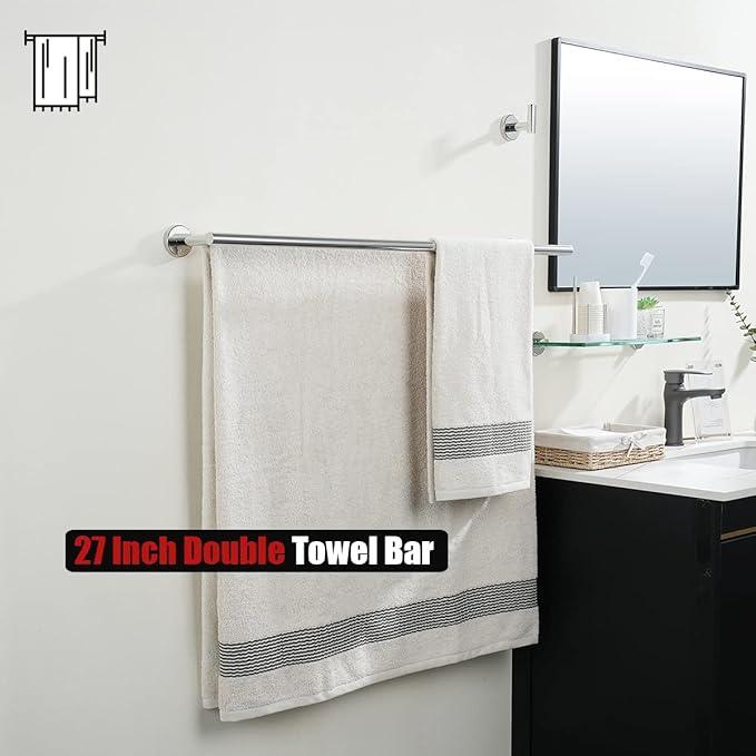 JQK Double Bath Towel Bar, 30 Inch 304 Stainless Steel Thicken 0.8mm Towel Rack for Bathroom, Towel Holder Polished Chrome Wall Mount, Useable Length 27 Inch, TB100L27-CH - ModernBath