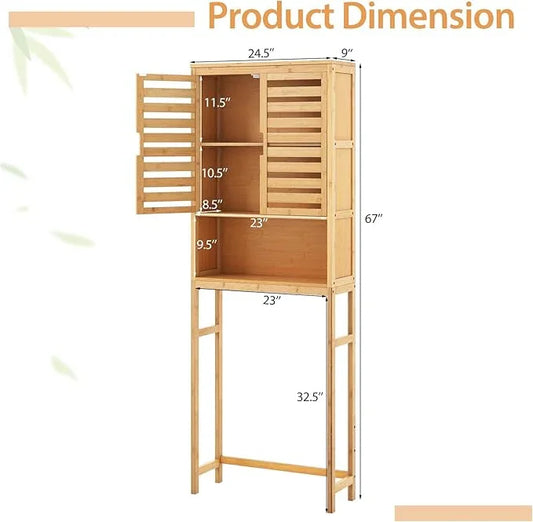Tangkula Over The Toilet Storage Cabinet, Bamboo Bathroom Space Saver with 2 Doors, Adjustable Bottom Bar, Open Shelf, Freestanding Bathroom Cabinet Organizer Above Toilet for Restroom, Laundry Room - ModernBath