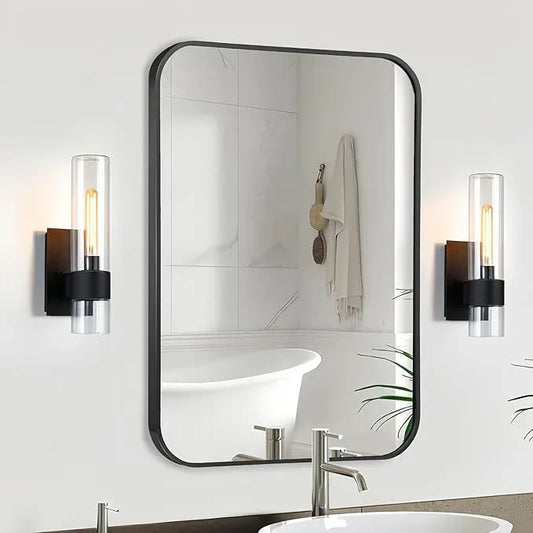 CLBA Black Bathroom Mirror, 24x32 Inch Matte Black Mirror, Aluminum Alloy Framed Vanity Mirror, Rounded Rectangle Bathroom Mirror for Over Sink, Anti-Rust Wall Mirror (Horizontally or Vertically) - ModernBath