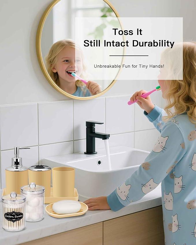 IMAVO Bathroom Accessories Set,Yellow Bathroom Set,9 Pieces Bathroom Accessory Set,Tray,Qtip Holders,Toilet Brush,Trash Can for Bathroom Décor and Home Gifts - ModernBath