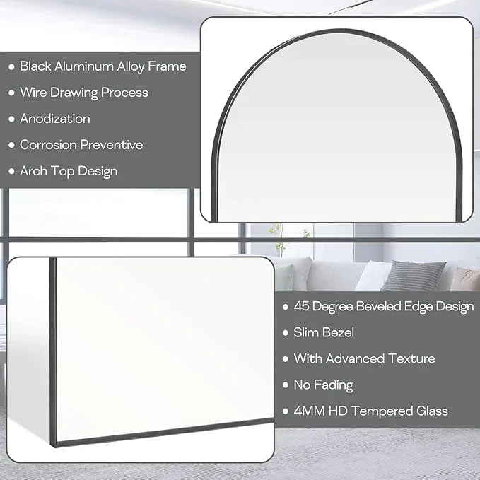 Minuover 30" x 48" Black Arched Mirror, Arch Wall Mirror, Metal Frame Black Bathroom Mirror, Arched Top Bathroom Vanity Mirror for Living Room, Bedroom, Entryway, Tempered Glass, Shatter Proof - ModernBath