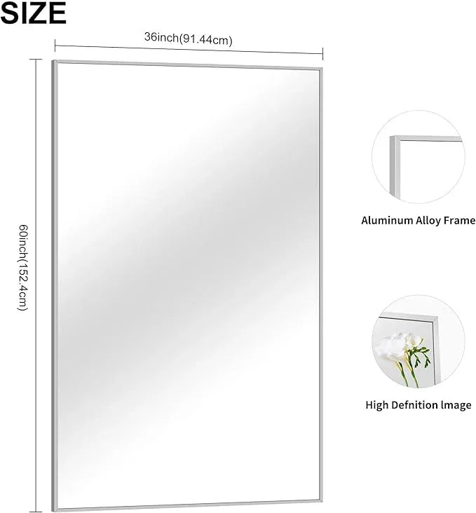COFENY 36x60inch Brushed Nickel Bathroom Mirror, Silver Rectangle Mirror with Frame, Large Rectangular Wall Mirrors for Bathroom, Living Roomm, Hair Salon, Big Mirror Hang Horizontal/Vertical - ModernBath