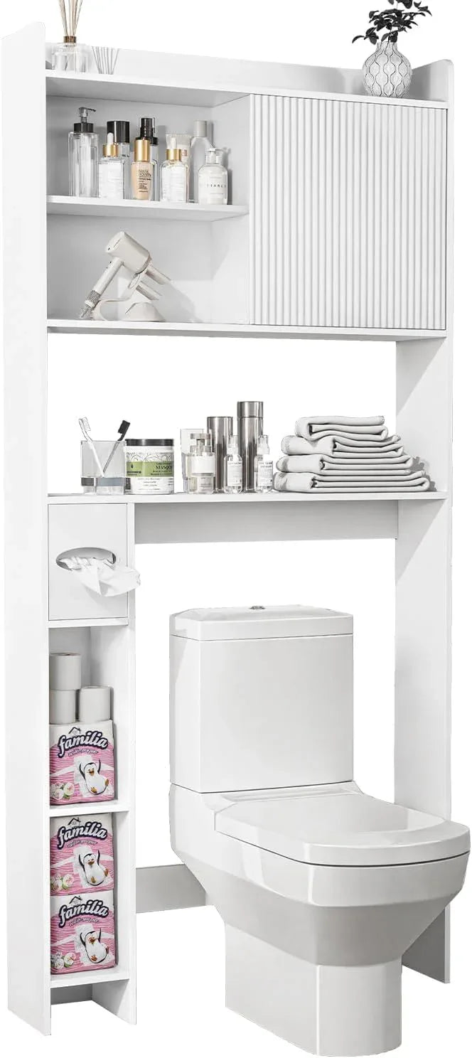 31.5" W Over The Toilet Storage Cabinet with Sliding Door, Bathroom Above Toilet Storage Cabinet with Adjustable Shelves, Toilet Paper Holder, Space Saver Cabinet for Bathroom, White - ModernBath