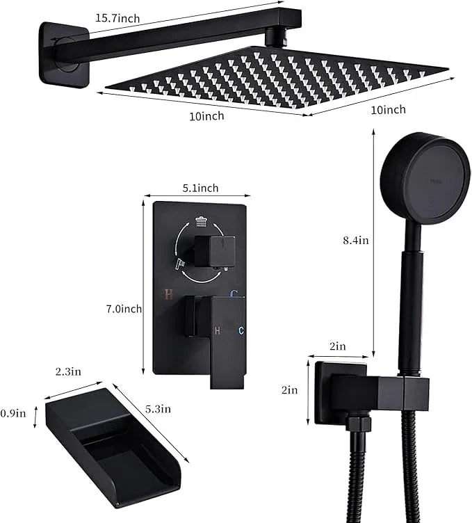 RTTWYYUU Matte Black Shower System With Tub Spout Faucet Set, Wall Mounted 10 Inch Shower Heads with Handheld Spray Combo and Tub Shower Faucet, Luxury Bathroom Square Rain Shower System - 4 Hooks - ModernBath