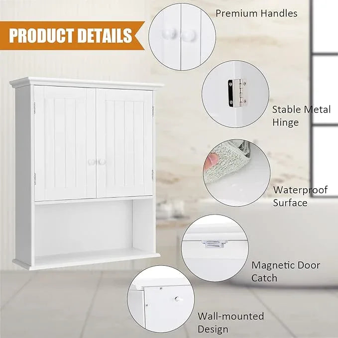 COSTWAY Wall Mounted Bathroom Cabinet, Over The Toilet Storage Cabinet w/Double Doors & Adjustable Shelf, Wood Hanging Medicine Cabinet for Living Room, Entryway, Kitchen (White) - ModernBath