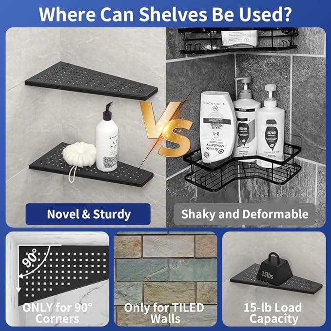 Corner Shower Shelf, Matte Black 12" Trapezoid Grout in Shampoo Shelf, 304 Stainless Steel Grid Design Recessed Bathroom Shelf for Tiled Wall - ModernBath