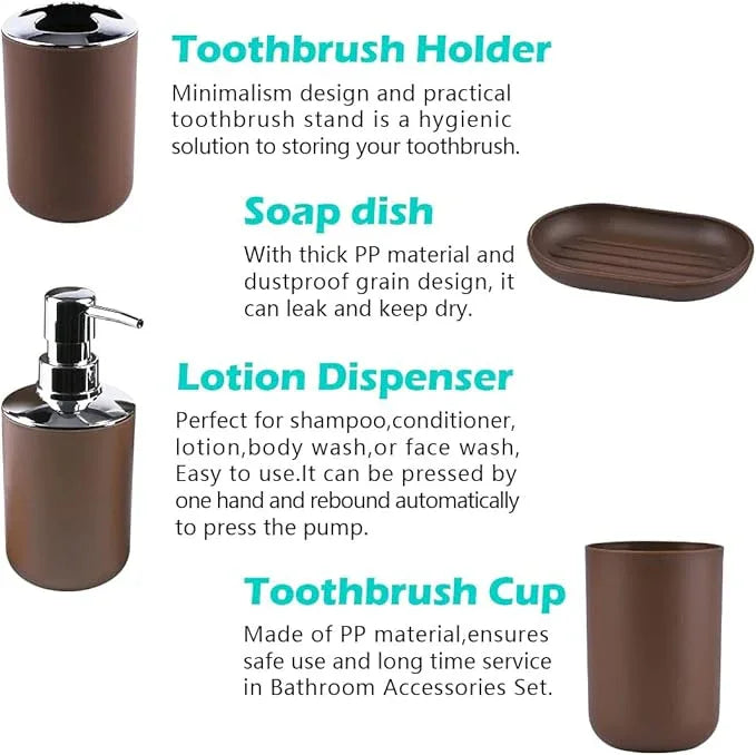 Papillon 6-Piece Bathroom Organization Set, Toothbrush Holder with Cup, Soap Dispenser & Dish, Toilet Brush, Trash Can, Tumbler Set (Coffee) - ModernBath