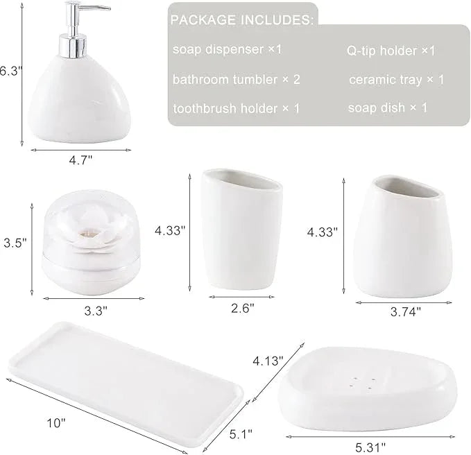 BLBYHO Ceramic Bathroom Accessory Set, 7 Pieces Countertop Accessories, Include Soap Dispenser, Toothbrush Holder, 2 Tumbler Cup, Soap Dish, Plastic Vanity Tray, Qtip Holder (White) - ModernBath