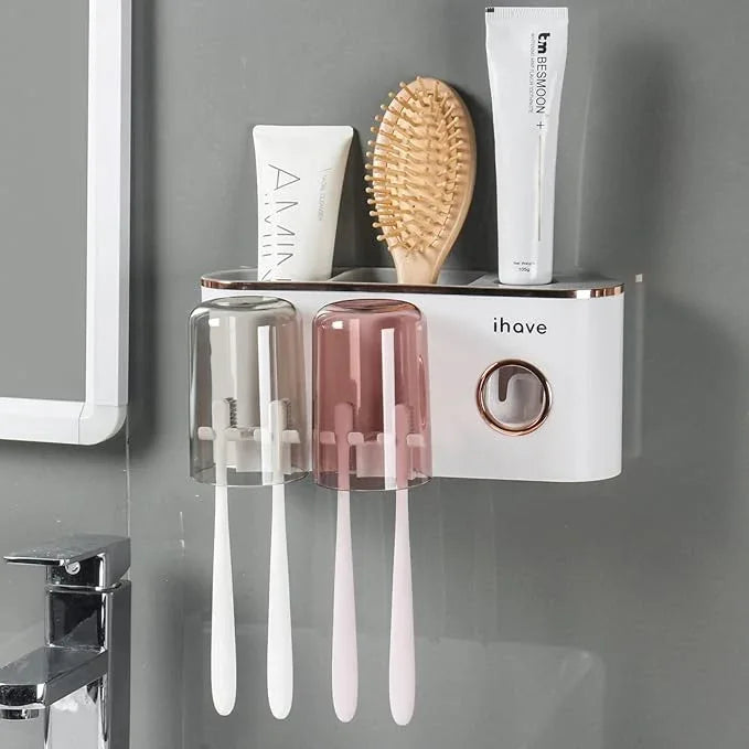 iHave Toothbrush Holders Bathroom Decor with Toothpaste Dispenser, 2 Cups Toothbrush Holder Wall Mounted Bathroom Accessories - ModernBath