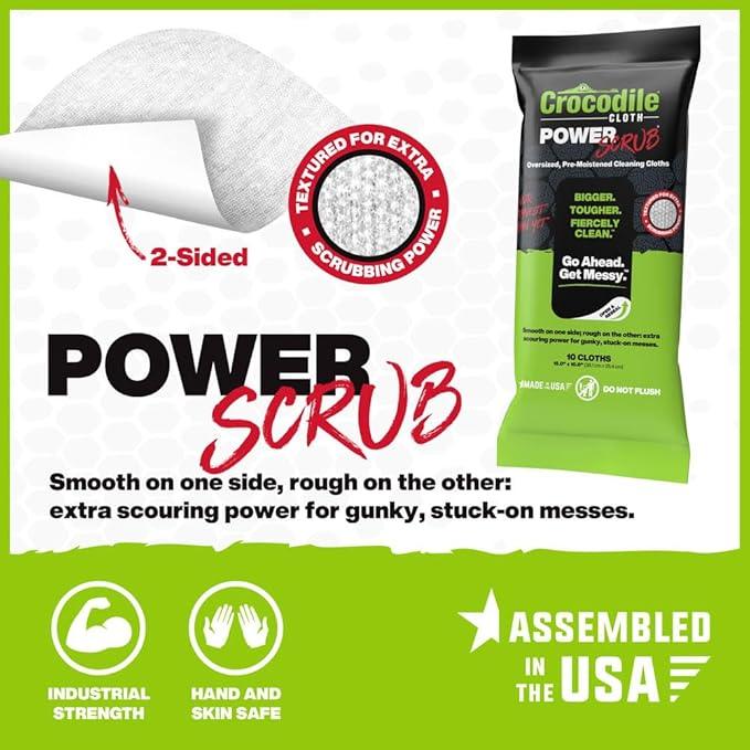 Crocodile Cloth PowerSCRUB Cleaning Wipes – 10 (15" x 10") Dual-Surface Cloths, Heavy-Duty, Moist, Absorbent, & Disposable - Safe on Skin & Multiple Surfaces - ModernBath
