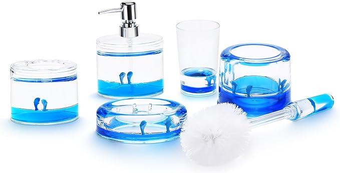 Locco Decor 5 Piece Acrylic Liquid 3D Floating Motion Bathroom Vanity Accessory Set Ocean Cartoon Animal Theme Dolphin Toothbrush Holder, Tumbler, Soap Dispenser, Soap Dish, Toiletbrush Holder Set - ModernBath