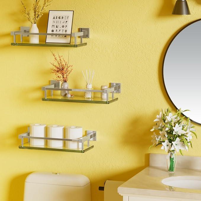 Alise Glass Shelves for Bathroom Wall, Tempered Glass Bathroom Shelf Wall Mounted, Modern Space Saving Floating Shelves 12 inch, Polished Chrome - ModernBath