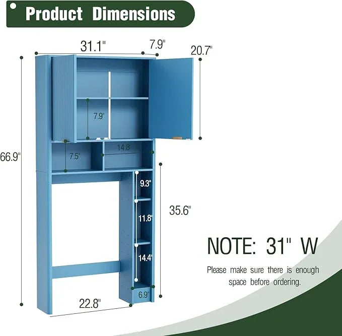 31" W Over The Toilet Storage Cabinet with Fluted Door, Blue Bathroom Organizer with Adjustable Shelf, Toilet Paper Holder Stand Wave Door for Restroom, Laundry Room - ModernBath