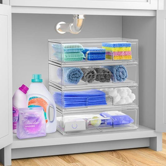 Sorbus Acrylic Storage Containers - 4 Pack, Stackable Storage Bins Set for Bathroom Organization - Clear Acrylic Drawer Organizers - Makeup Case Pull-Out Drawers (12.1’’ Wide) - ModernBath