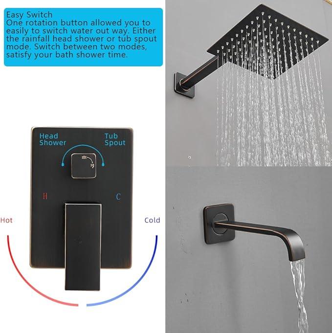 Heable ‎Oil Rubbed Bronze Shower Faucet Set with Tub Spout Bathroom Luxury Rain Mixer Shower Head System Wall Mounted Shower Faucet Complete, Single Handle Tub and Shower Trim Kit with Rough-in Valve - ModernBath