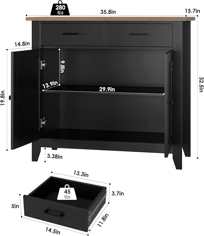 HORSTORS Kitchen Storage Cabinet, Modern Farmhouse Buffet Cabinet with Storage, Coffee Bar with 2 Drawers and 2 Doors, Floor Sideboard Buffet for Living Room, Dining Room, Bathroom, Black/Rustic Brown - ModernBath