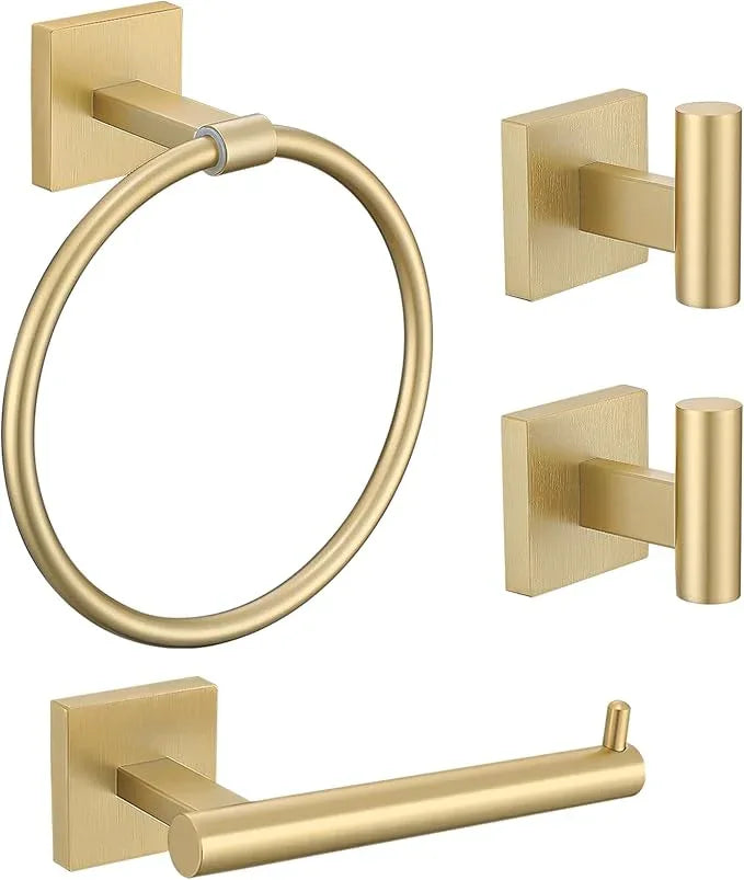 Towel Ring Set 4 Piece Bathroom Hardware Set Includes Towel Ring 2 Towel Hooks and Toilet Paper Holder Stainless Steel Wall Mounted (Brushed Gold) - ModernBath