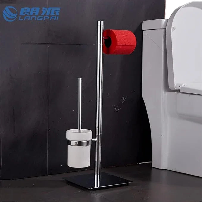 Freestanding Toilet Brush and Paper Holder Set Superior Hotel Luxury Style Join Roll Paper and Toilet Brush Non-Skid Sturdy Floor Stand Brass Chrome with White Ceramic Cup - ModernBath