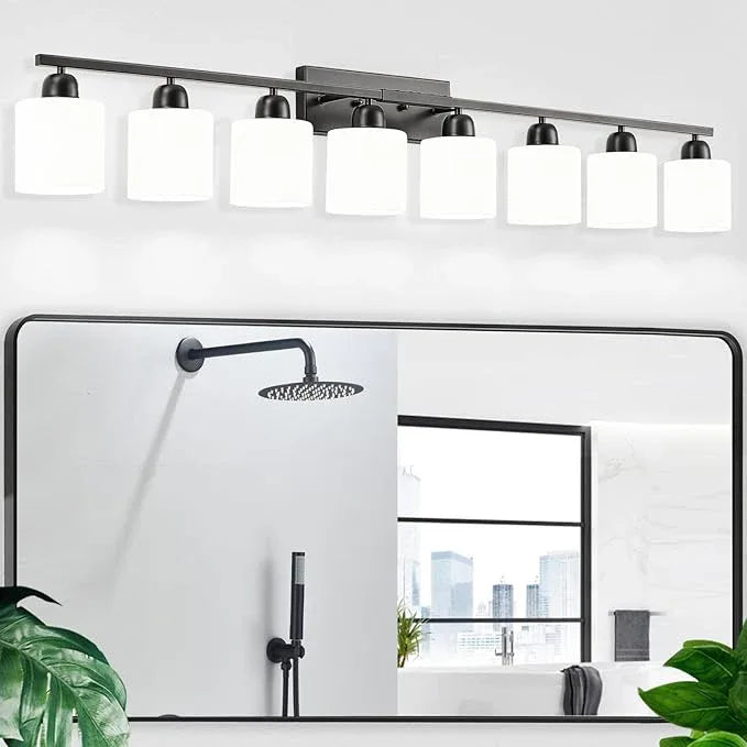 FAISHILAN 8 Light Black Bathroom Light Fixtures Over Mirror for Big Mirror, Modern Bathroom Lighting with Milky White Frosted Glass Shades,51 inch Lights for Vanity for Mirrors, E26 - ModernBath