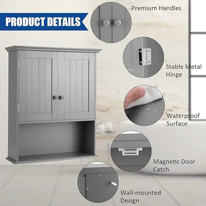 COSTWAY Wall Mounted Bathroom Cabinet, Over The Toilet Storage Cabinet w/Double Doors & Adjustable Shelf, Wood Hanging Medicine Cabinet for Living Room, Entryway, Kitchen (Gray) - ModernBath