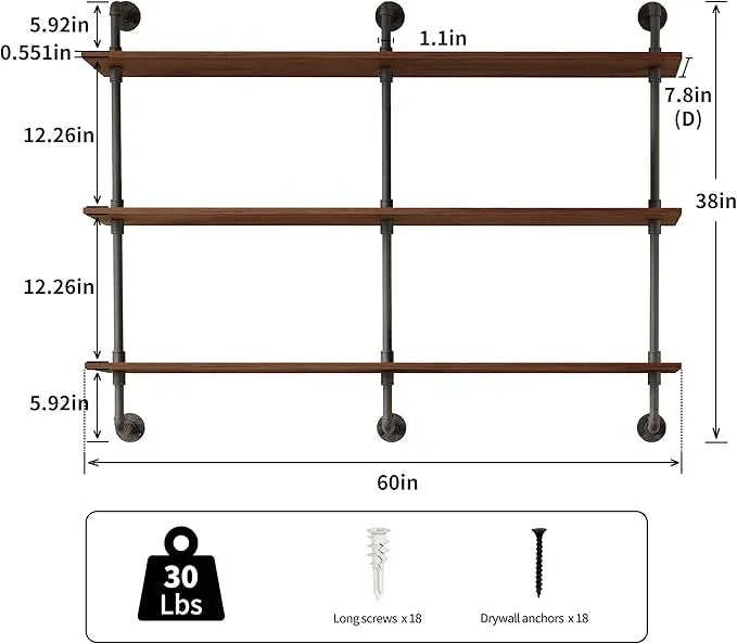 3-Tier Industrial Pipe Floating Shelf – Rustic 60 inch Wood Wall-Mounted Storage Shelf for Kitchen Office,Bathroom & Home Decor -Walnut - ModernBath