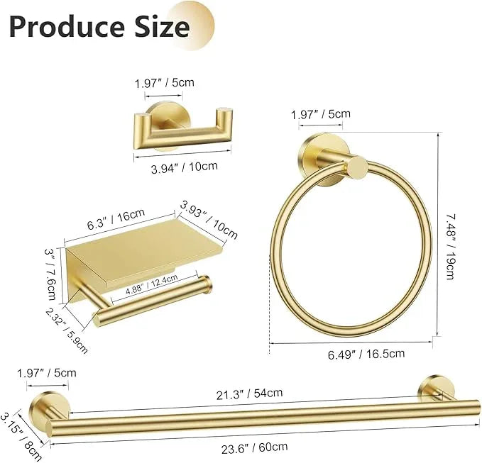 TNOMS 5-Piece Towel Bar Set Brushed Gold Bathroom Hardware Accessories Set Include 23.6in Towel Bar Toilet Paper Holder Towel Ring Towel Hooks Stainless Steel Towel Holder Set Wall Mounted - ModernBath