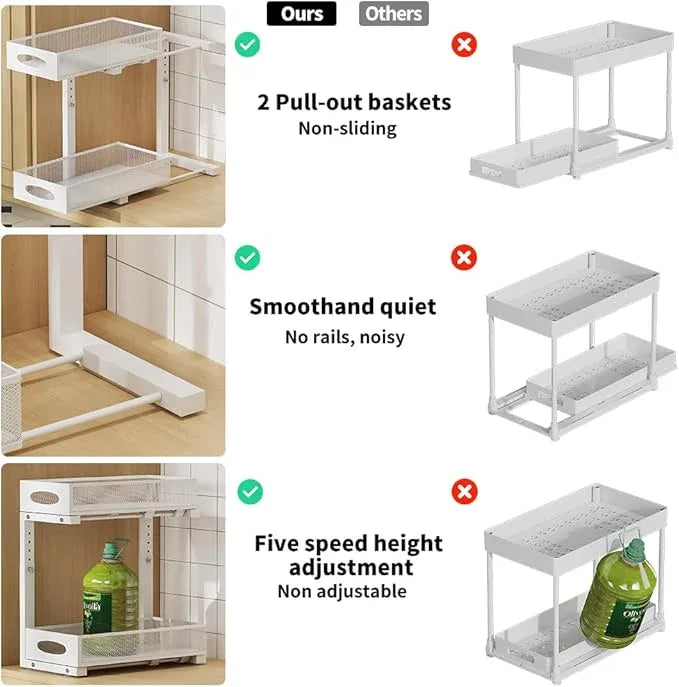 Under Sink Organizer, 2-Tier Pull Out Cabinet Organizer with Adjustable Height, Use in Kitchen Bathroom Cabinet and Countertop Storage, White, 2-Pack - ModernBath