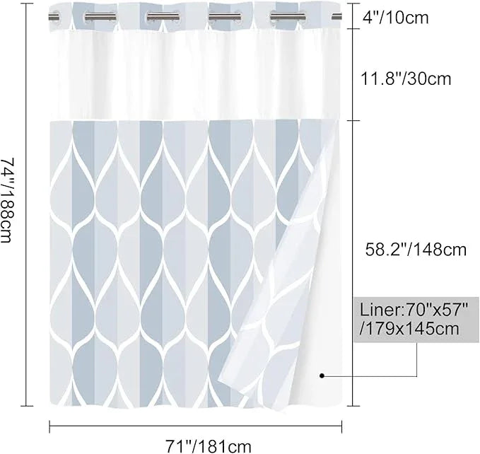 Yiatn Light Blue Hook Free Shower Curtain with Snap in Liner - Hotel Style with See Through Mesh Top Window, Modern Geometric Waterdrop Design,Waterproof and Washable,- 71x74 INCH - ModernBath