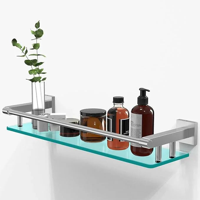 20 Inches Glass Shelf for Bathroom, Brushed Nickel Glass Shelves for Wall with Smooth Stainless Steel Railing, Modern Tempered Glass Organizer Shelf - ModernBath