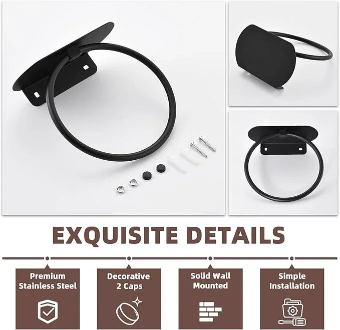 APLusee Matte Black Bath Towel Ring with Shelf, Stainless Steel Towel Holder, Wall Mount - ModernBath