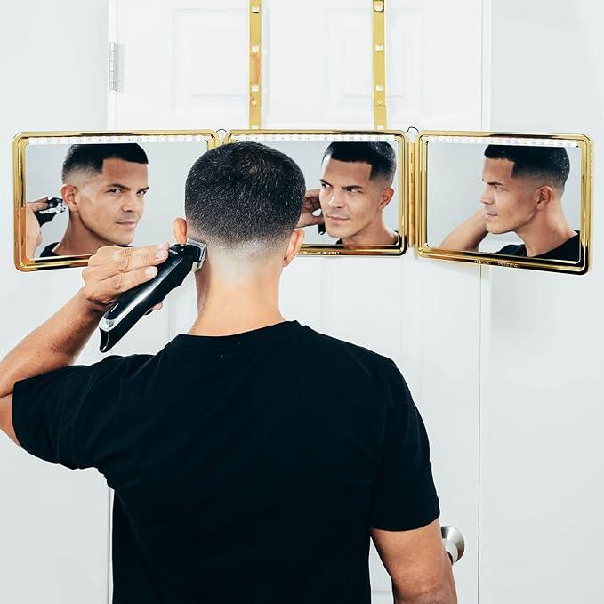 Self-Cut System Gold Plated 3 Way Mirror with Lights for Self Hair Cutting, Trifold Barber Mirror with Height Adjustable Hooks, 360 View, Includes Free Educational Mobile App (King’s Gold) - ModernBath