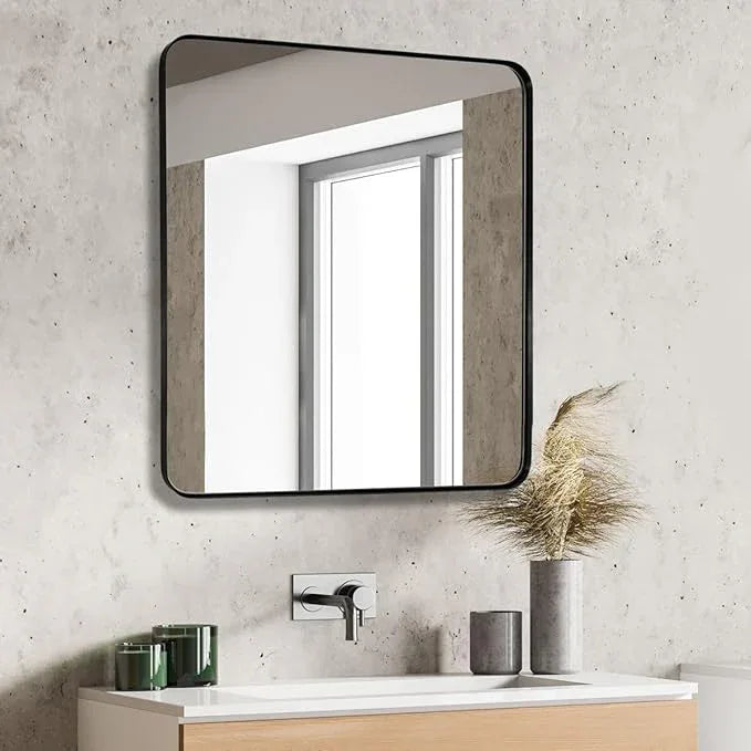JISOSO Black Bathroom Mirror 36X36 Inch, Black Metal Framed Mirror for Wall, Rounded Rectangle Matte Bathroom Vanity Mirror with Tempered Glass, Anti-Rust, Horizontal/Vertical - ModernBath