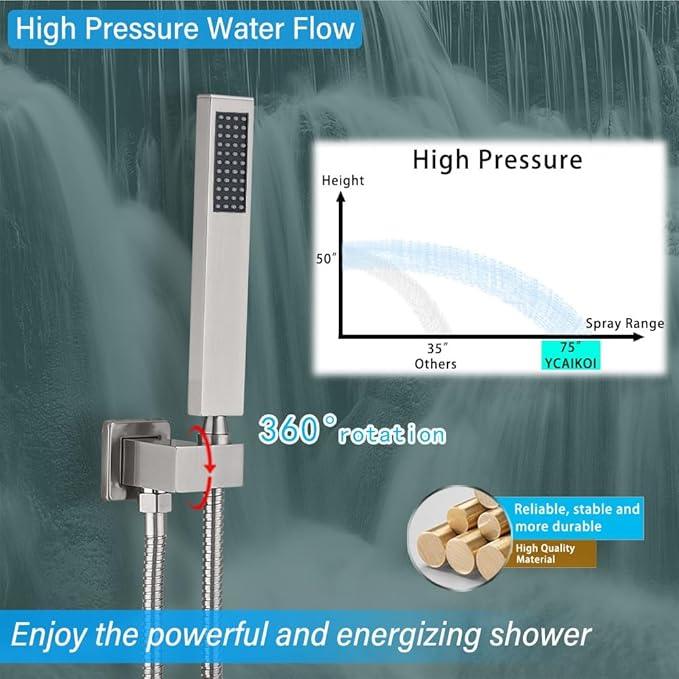 YCAIKOI Shower Faucet Set Complete, Wall Mount Shower System for Bathroom 12 Inch High-Pressure Rainfall Shower with Handheld, Rough-in Valve Body and Trim Kit, Brushed Nickel - ModernBath