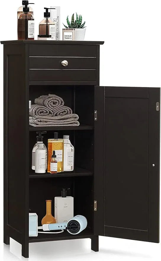 HAPPYGRILL Bathroom Floor Cabinet, Single Door Floor Storage Cabinet Organizer with Drawer and 3-Level Adjustable Shelves, Bathroom Cabinets Freestanding with Anti-Tipping Device for Living Room - ModernBath
