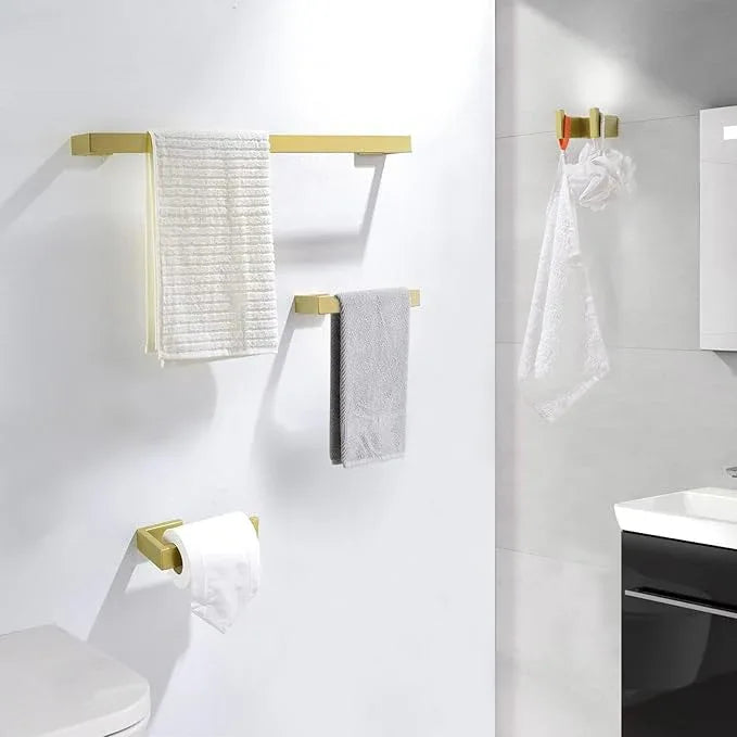 TNOMS Light Gold Towel Bar Set 4 Pieces Bathroom Hardware Set Wall Mounted Stainless Steel,Towel Bar+Towel Holder+Towel Hook+Toilet Paper Holder,23.6 inch - ModernBath