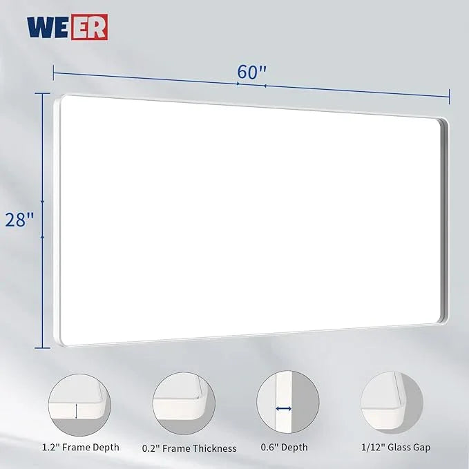 WEER White Bathroom Mirror 60X28 Inch, Rounded Rectangle White Metal Frame Mirror, Matte White Bathroom Vanity Mirror with Tempered Glass, Anti-Rust, Hangs Horizontally or Vertically - ModernBath