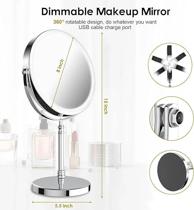 Lighted Makeup Mirror, 3000 mAh Rechargeable Double Sided Magnifying Vanity Mirror with 3 Colors, 1x/10x, 360° Rotation , Brightness Adjustable Magnification Cosmetic Light up Mirror, Women Gift - ModernBath