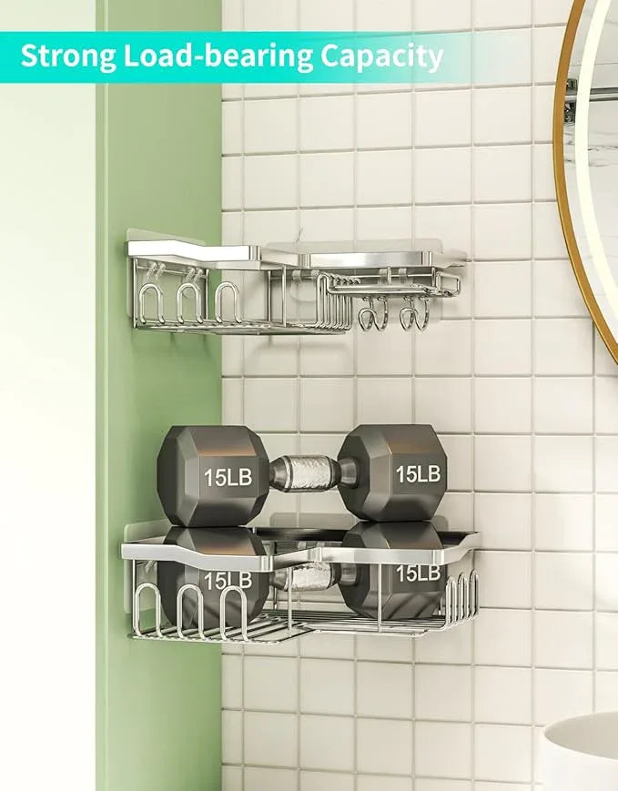 HapiRm Corner Shower Caddy with Shampoo Holder, Shower Organizer with 11 Hooks, No Drilling Rustproof Stainless Steel Bathroom Shelves - Silver (Only for 90 ° Right Angle) - ModernBath