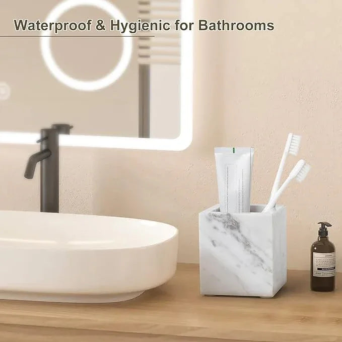 Real Natural Marble Toothbrush Holder & Pen Holder & Makeup Brush Holder, Genuine Stone Rectangular Bathroom Tumbler Cup, Durable Office & Home Countertop Organizer - ModernBath