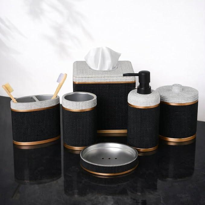 Decozen Bathroom Accessories Set 6Pcs – Soap Dispenser, Toothbrush Holder, Tumbler, Soap Dish & Cotton Swab Jar – Modern Bathroom Decor, Bath Set for Christmas Decor, Seiler - ModernBath