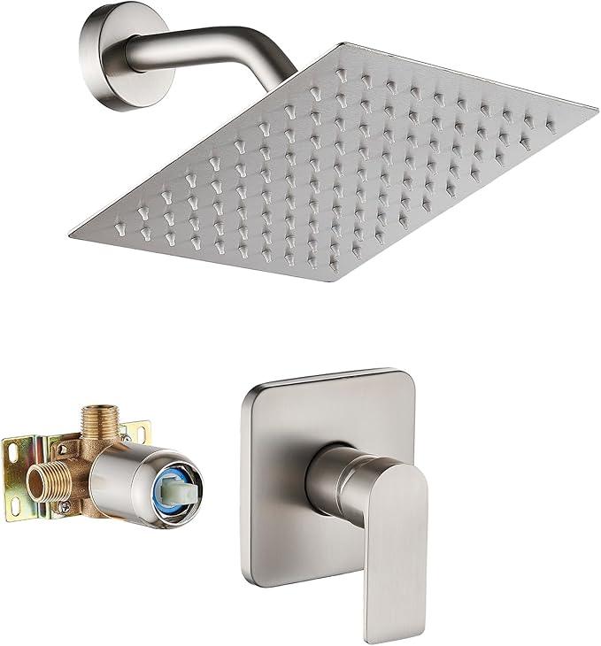 Brushed Nickel Shower Faucet Single Function Trim Kit with Rough-in Valve Set Bath Rainfall Shower System 8inch Square Stainless Steel Metal Shower Head - ModernBath