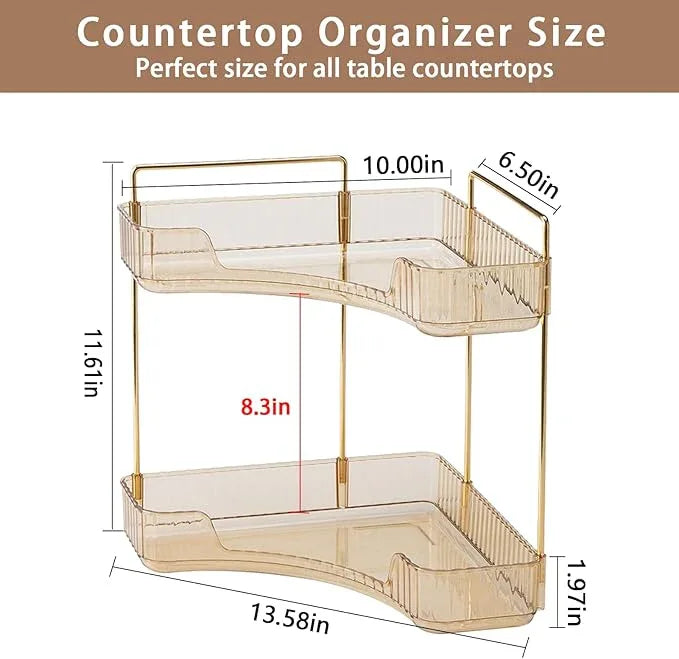 shuang qing 2-Tier Corner Bathroom Counter Organizer – Classic Storage Shelf for Makeup, Perfume & Toiletries, Space-Saving Countertop Tray Fits Bathroom, Dresser, Kitchen (Vintage Gold) - ModernBath