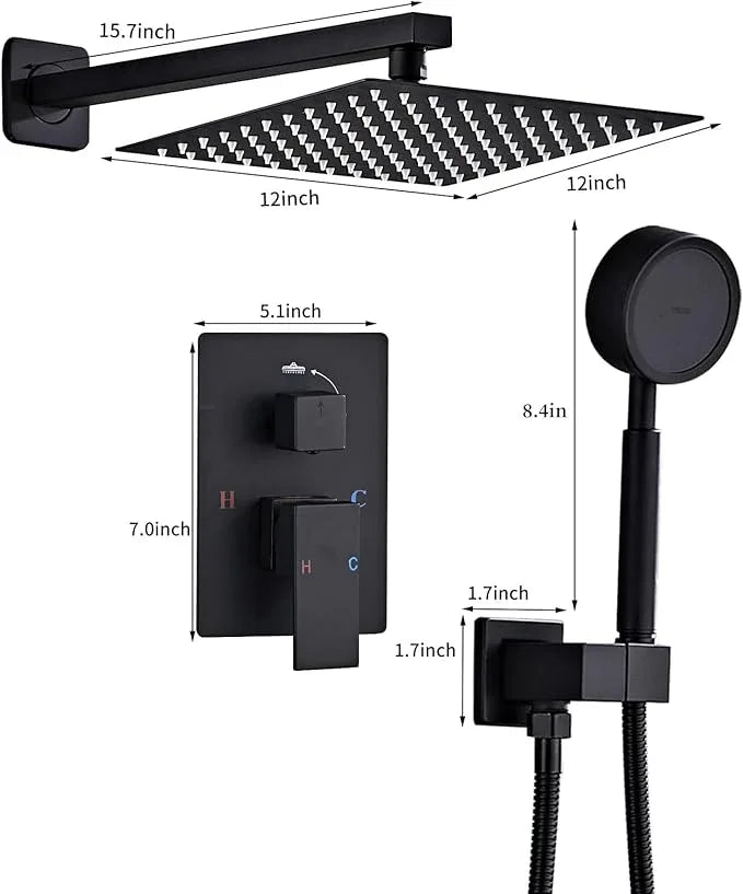 RTTWYYUU Matte Black Rainfall Shower Head, Wall Mounted 12 Inch Shower Heads with Handheld Spray Combo, Luxury Bathroom Square Rain Shower System, Solid Brass Pressure Balancd Shower Faucet Valve - ModernBath