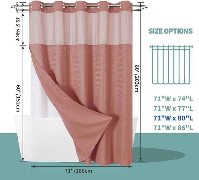 eachope Coral No Hook Waffle Weave Shower Curtain with snap-in Liner Replacement, 230GSM Waterproof Fabric Hotel Shower Curtain Set for Bathroom, Through Mesh Top Window,71Wx80H - ModernBath