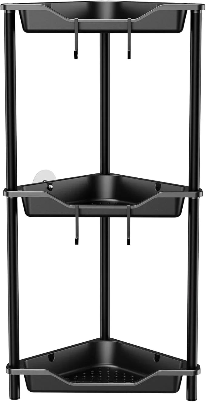 Orimade Rustproof 3 Tier Floor Standing Corner Shower Caddy Organizer, Plastic Metal Splicing Floor Corner Shelf Rack Stands for Bathroom, Black - ModernBath