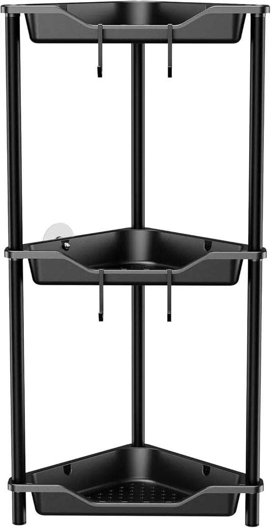 Orimade Rustproof 3 Tier Floor Standing Corner Shower Caddy Organizer, Plastic Metal Splicing Floor Corner Shelf Rack Stands for Bathroom, Black - ModernBath